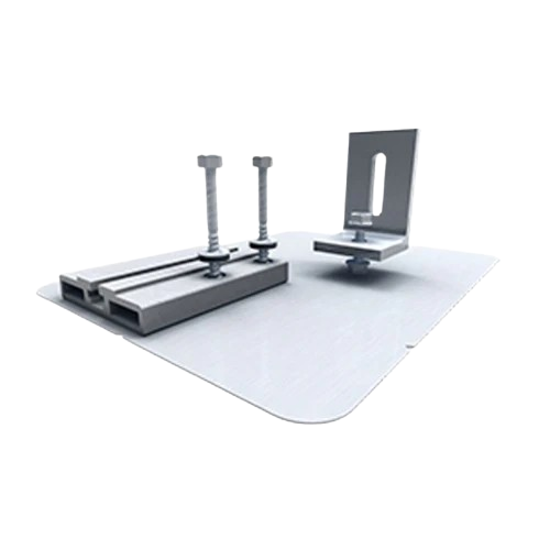 Product image of QMSRC-B-12: 3D rendering of a silver aluminum solar mounting assembly featuring a flat square flashing plate, an L-foot bracket with a vertical slot, and a separate rail attachment base secured with two vertical bolts.