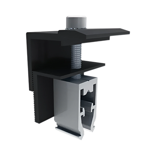Product image QMR-UEC3045-A-20: 3D rendering of a silver end clamp with a black bracket, spring, and rail attachment nut.