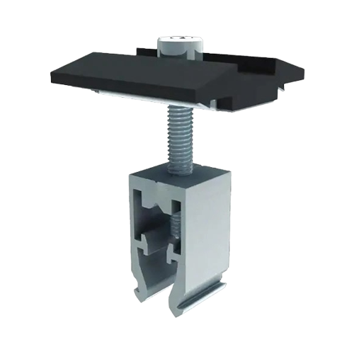 Product image of QMR-UMC3045-B-20: 3D rendering of a black universal mid clamp with a silver bolt, spring, and rail attachment nut.