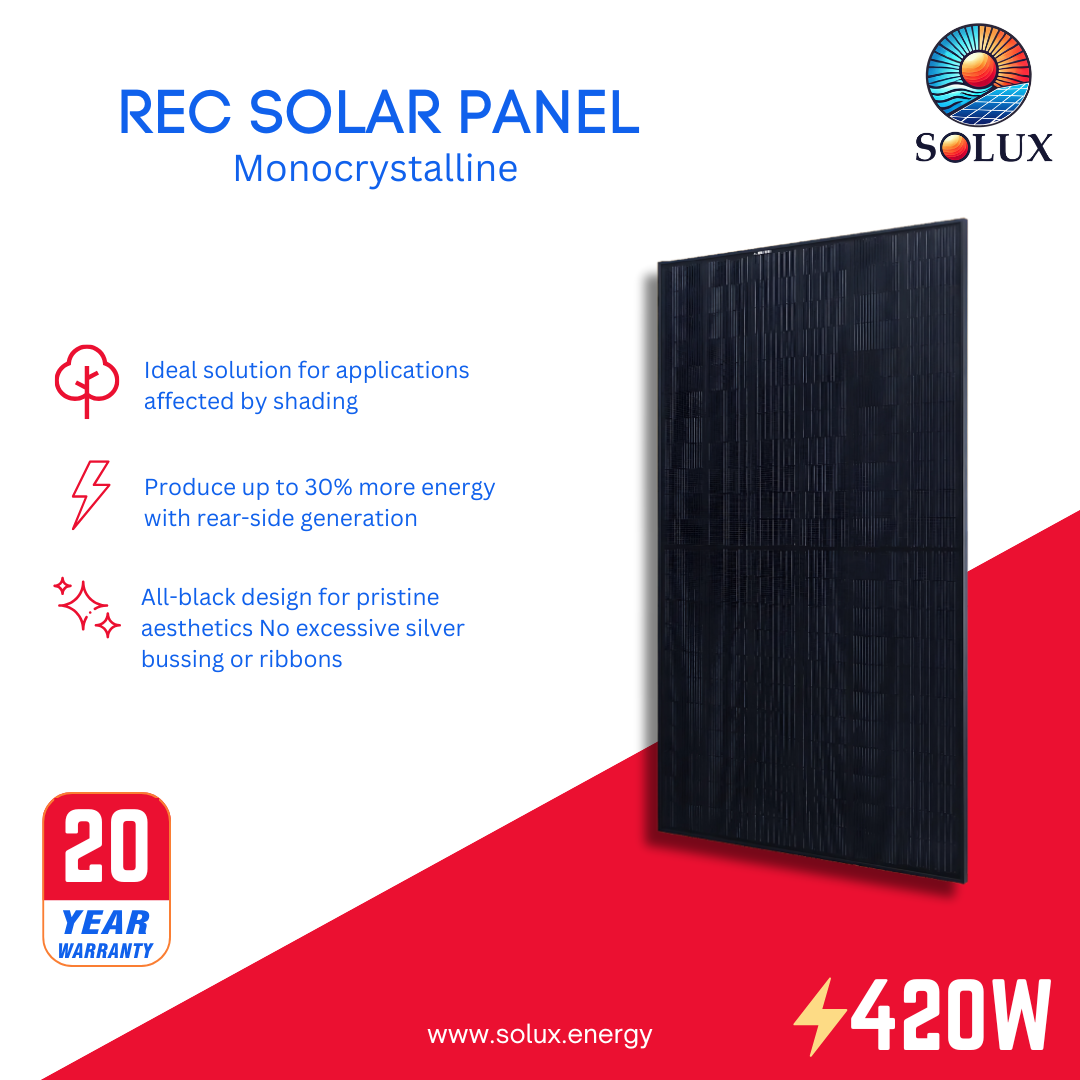This is an image of REC PURE 2 Solar 420Watt Black on Black Monocrystalline Solar Panel
