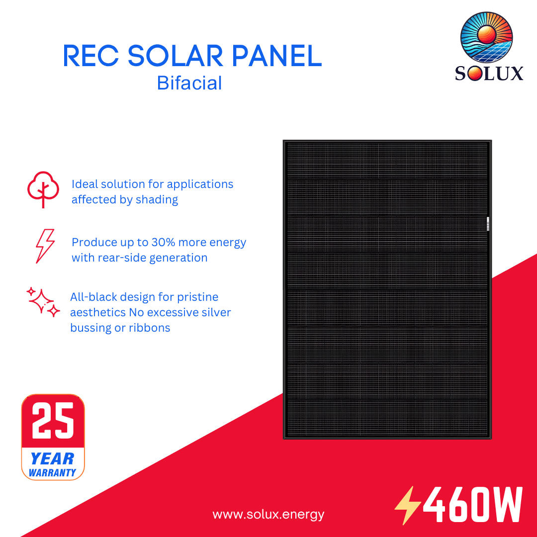 This is an image of REC Solar 460Watt Half-Cell Black on Black Bifacial Solar Panel REC460AA PURE-RX