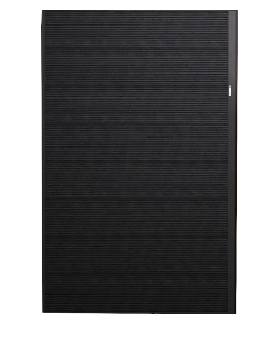 Product image REC460AA-PURE-RX-DC, showing an aesthetic, all-black, rectangular solar panel with fine cell lines on a white background.