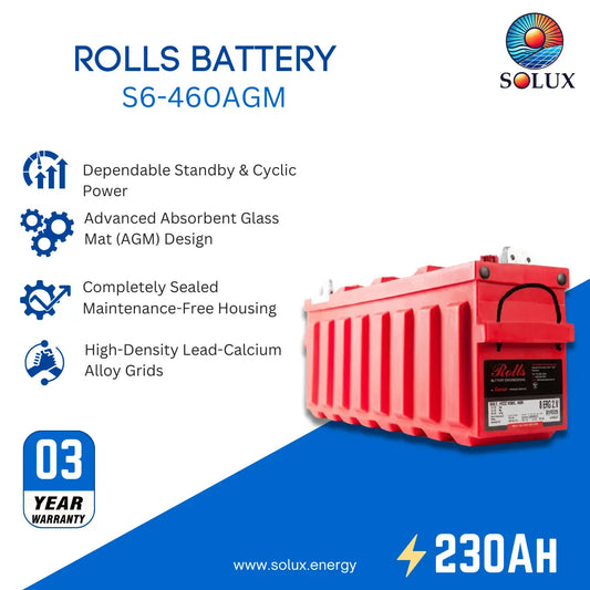 A red Rolls S6-460AGM battery shown on a white and blue promotional graphic with feature callouts, a 03-year warranty badge, and the Solux logo.