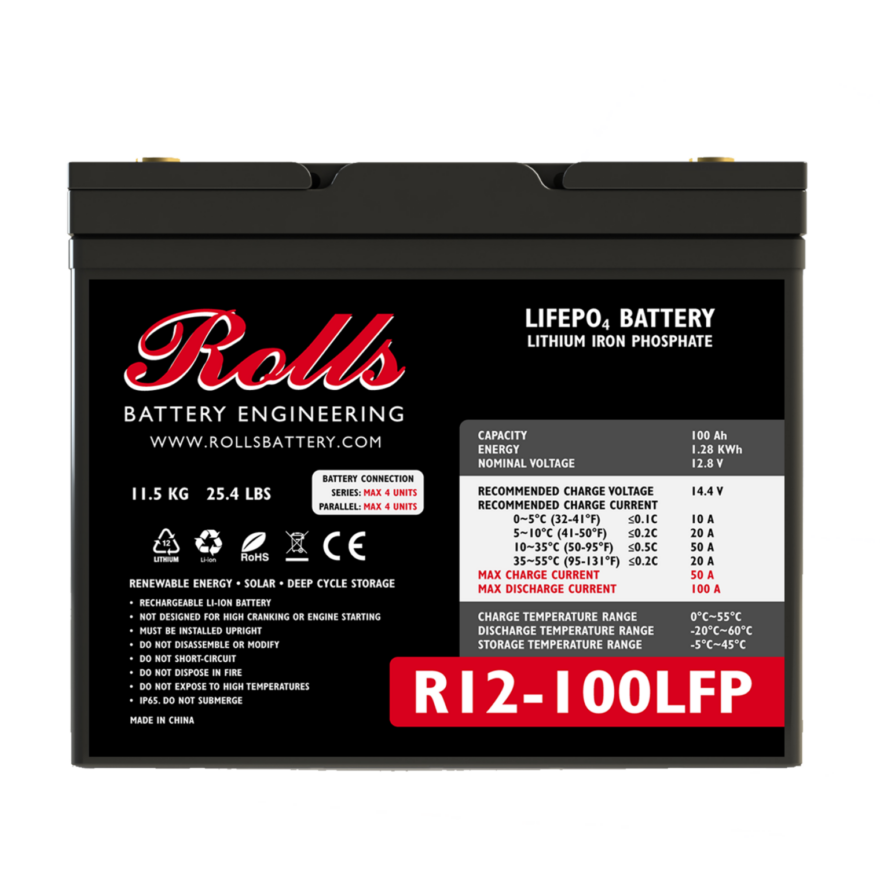 A black battery with the brand name Rolls Battery Engineering displayed on the label, along with specifications and model number R12-100LFP.