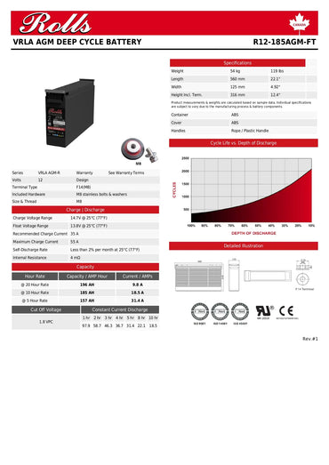A technical product information sheet for the Rolls VRLA AGM Deep Cycle Battery, model R12-1BSAGM-FT. The sheet features the battery and accessories (a 12V 70Ah battery, a 12V 70Ah AGM battery, and a battery charger) alongside technical specifications, a charge/discharge curve, a cycle life graph, and dimensional drawings on a white background with red and black text.