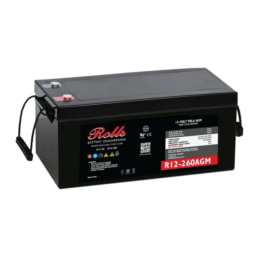 Rolls Surrette R12-260AGM 260Ah 12VDC AGM Deep Cycle Battery. A black AGM deep cycle battery with the label Rolls Surrette R12-260AGM on it.