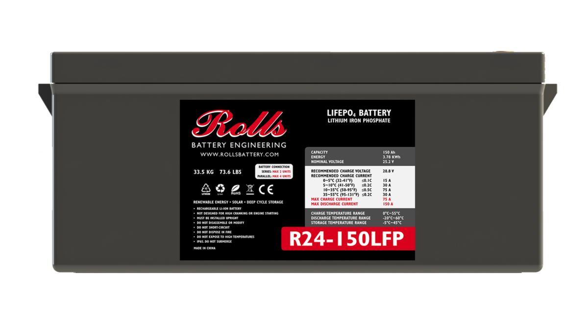 A black Rolls Surrette lithium battery with model number R24-150LFP displayed on the label.