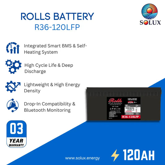 A promotional product graphic for a Solux Rolls R36-120LFP battery. The image features a black rectangular battery on the right side with its label visible, set against a split white and blue background.
