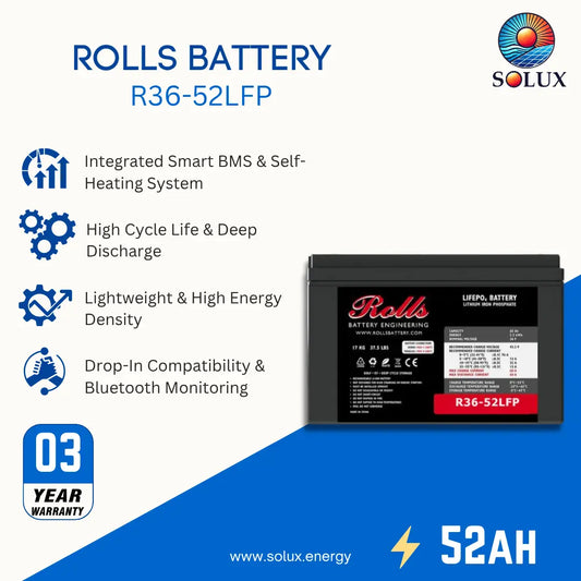 A promotional product graphic for a Rolls R36-52LFP battery. The image features a black battery on the right side with its label visible, alongside several feature callouts on the left: 'Integrated Smart BMS & Self-Heating System', 'High Cycle Life & Deep Discharge', 'Lightweight & High Energy Density', and 'Drop-In Compatibility & Bluetooth Monitoring'.