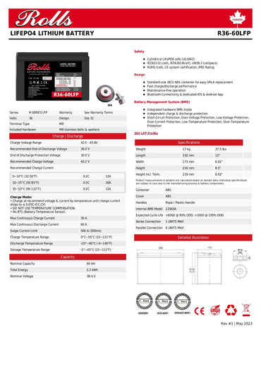 A technical datasheet page for a Rolls Lifepo4 Lithium Battery, model R36-60FP. The page features the Rolls logo, product specifications, safety and environment sections, battery management system details, and a detailed pin-out diagram with connection symbols.