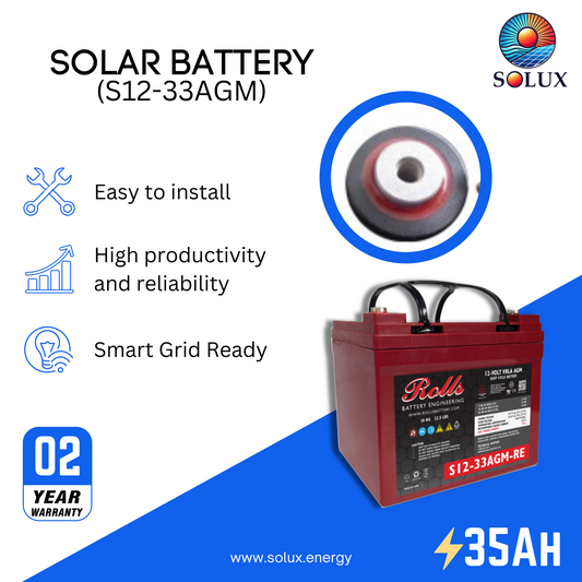 The rolls surrette s12-33agm battery is a reliable and compact deep cycle AGM battery, ideal for smaller solar power systems, wheelchairs, and mobility scooters.