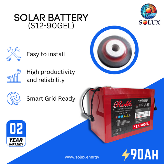 The rolls surrette s12-90gel battery is a reliable and compact deep cycle gel battery, ideal for smaller solar power systems, wheelchairs, and mobility scooters.