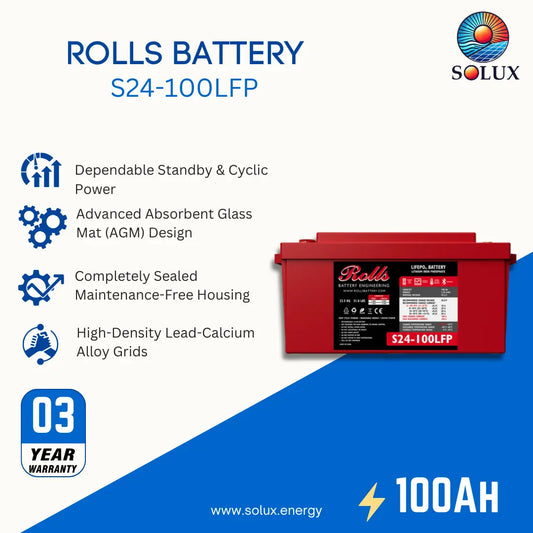 A promotional product graphic for a Rolls S24-100LFP battery. The battery itself is shown on the right as a red rectangular unit with a black and red label.