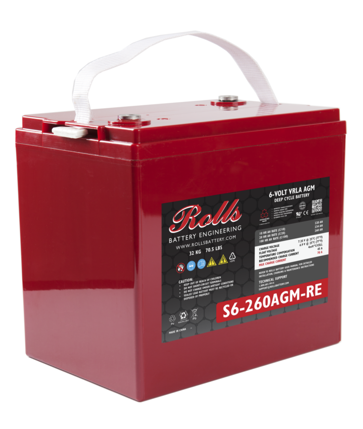 Rolls Surrette S6-260AGM 234Ah 6VDC AGM Deep Cycle Battery. A red 6VDC AGM deep cycle battery with a white handle and black labeling, including specifications and brand name.