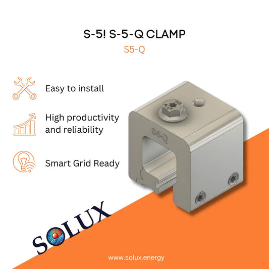 S-5! S-5-Q Clamp with Solux logo on a white and orange background