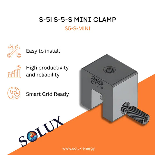 S-5! S-5-S Mini Clamp with Solux logo and features on a white and orange background