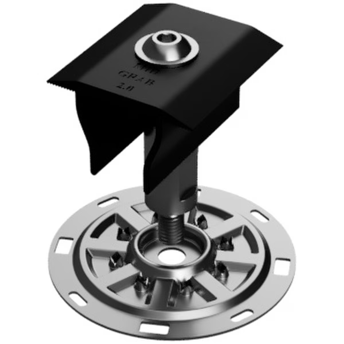 Mechanical component with black and silver design on a white background
