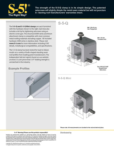 Advertisement for S-5! clamps with product details and examples on a white background.