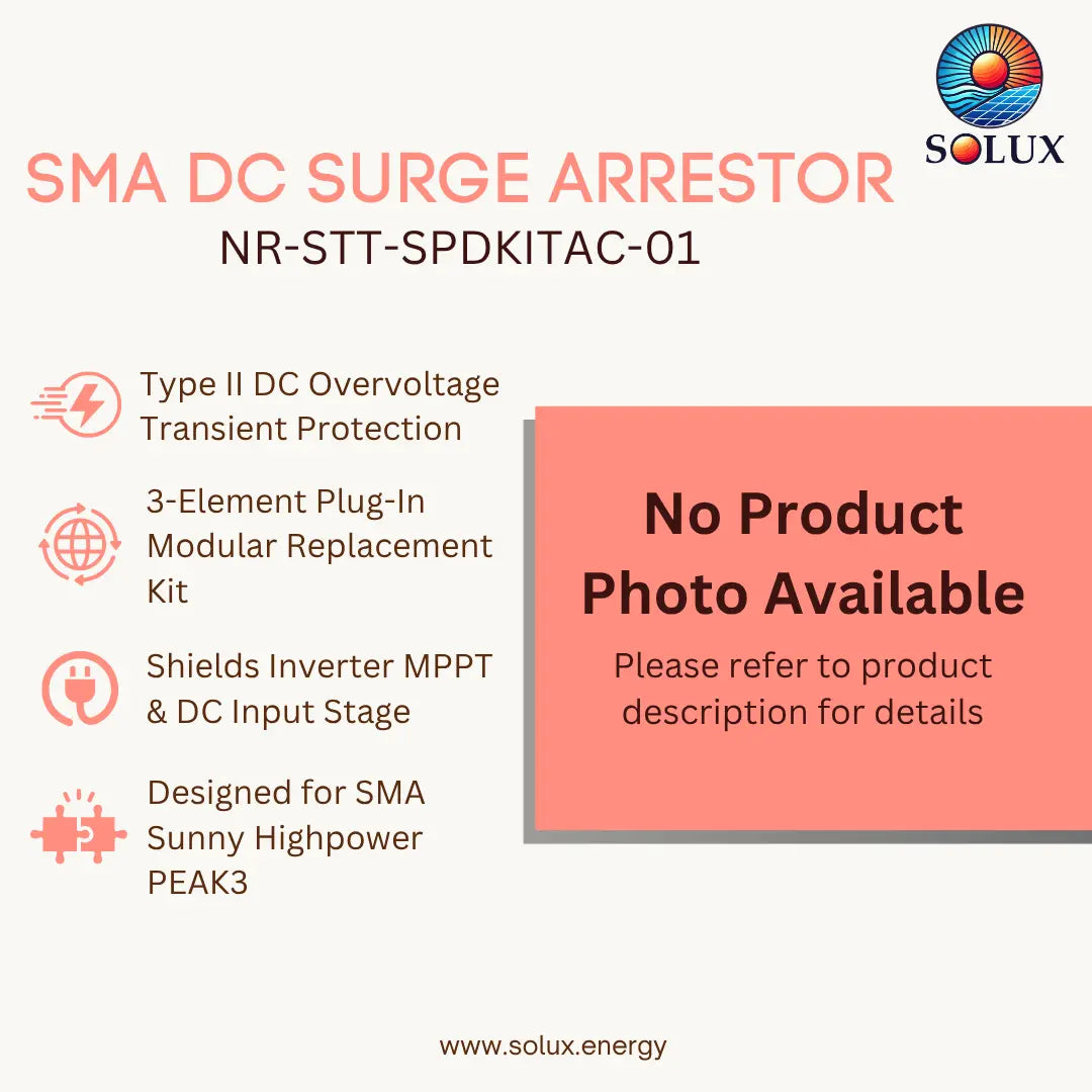 Promotional graphic for a SOLUX SMA DC Surge Arrestor, model NR-STT-SPDKITAC-01. The graphic features a light beige background with a coral pink text header, product specifications on the left, and a coral pink box on the right stating 'No Product Photo Available' with a note to refer to the product description for details.