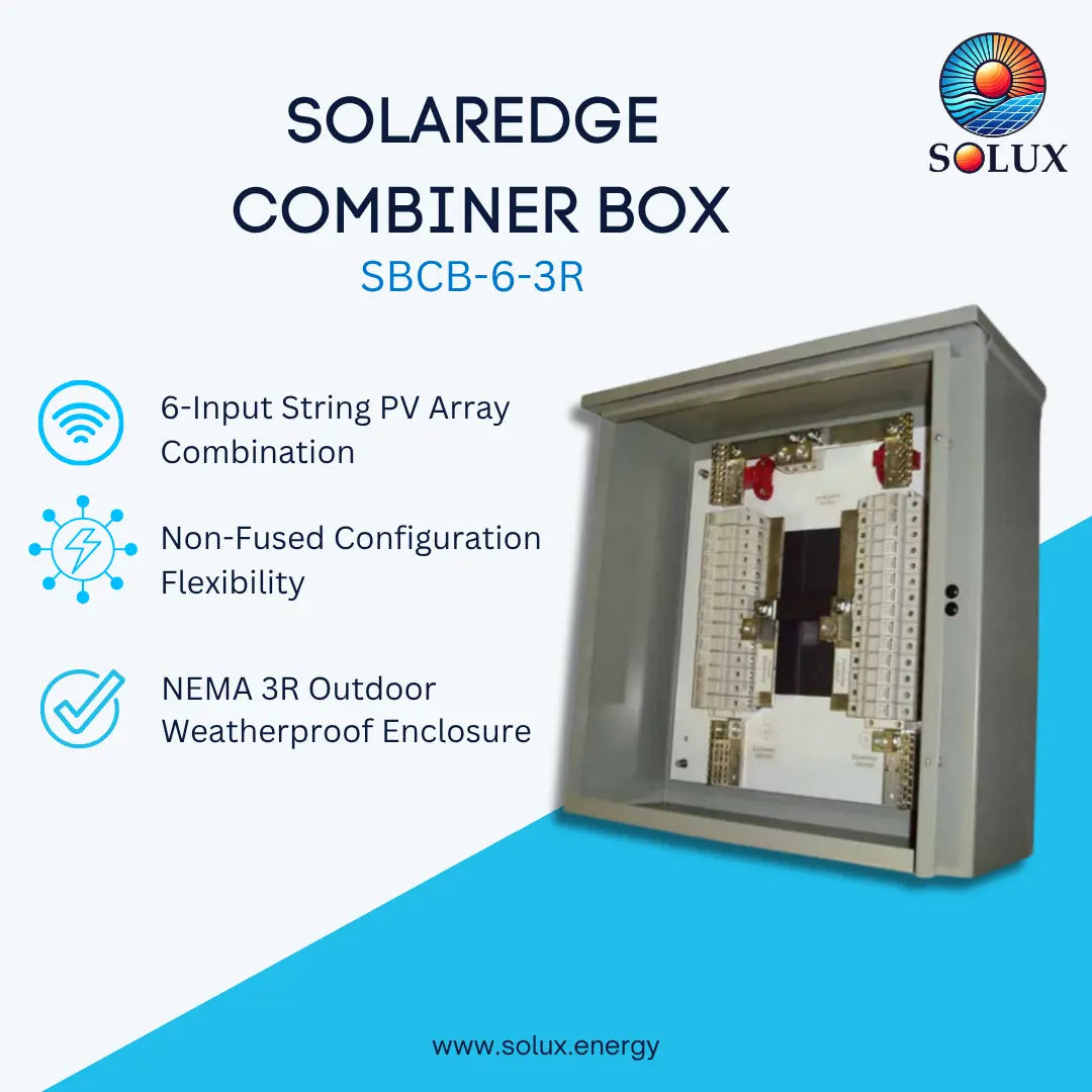 Solaredge Combiner Box SBCB-6-3R by Solux, shown open to reveal internal terminal blocks and circuitry. The image includes marketing text and icons highlighting features like 6-input string PV array combination, non-fused configuration flexibility, and NEMA 3R outdoor weatherproof enclosure.
