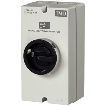 IMO SMA Type 4X IP66 NW Rapid Shutdown Initiator electrical switchgear in a light gray housing with a prominent black rotary switch on the front.