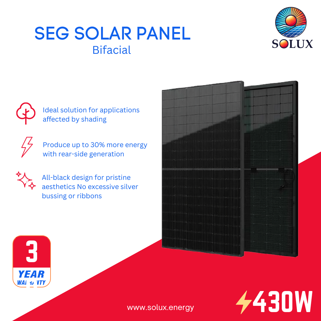 This is an image of SEG Solar SEG-430-BTD-BG 430Watt 108 1/2 Cells All Black Bifacial Solar Panel
