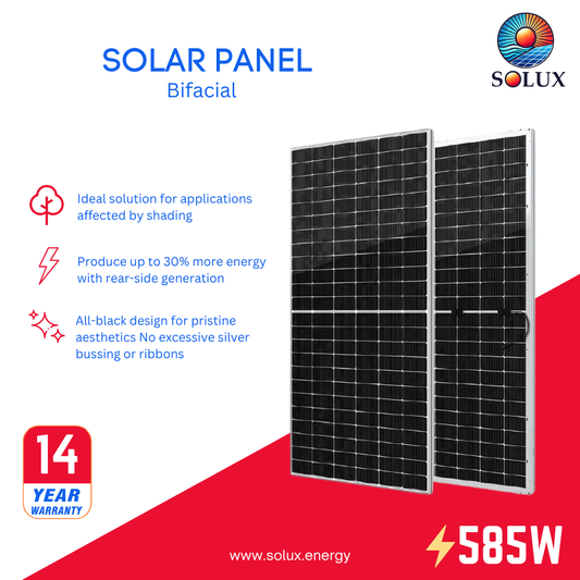 This is an image of Seraphim Energy SEG-585-BTA-BG-PALLET 142 Half -Cell Silver Frame 585W Solar Panel