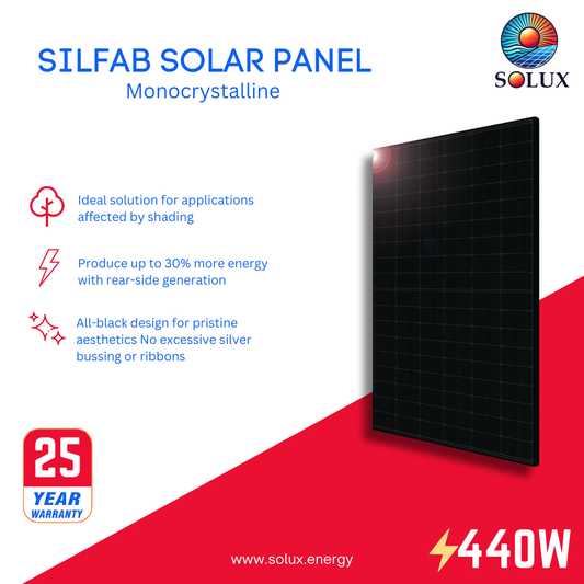 This is an image of Silfab SIL-440-QD 440Watt 108 Half-Cell All Black Solar Panels