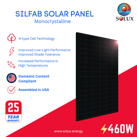 Silfab 440w monocrystalline solar panel graphic: Assembled in USA, Domestic Content, N-type cell technology, 460W output.