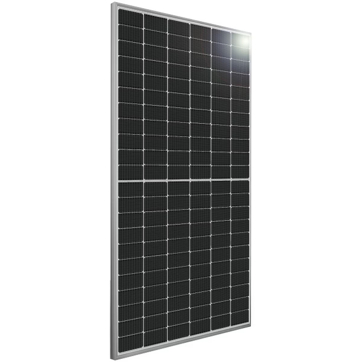 A product image of silfab silver framed bifacial solar panel with monocrystalline silicon cells.