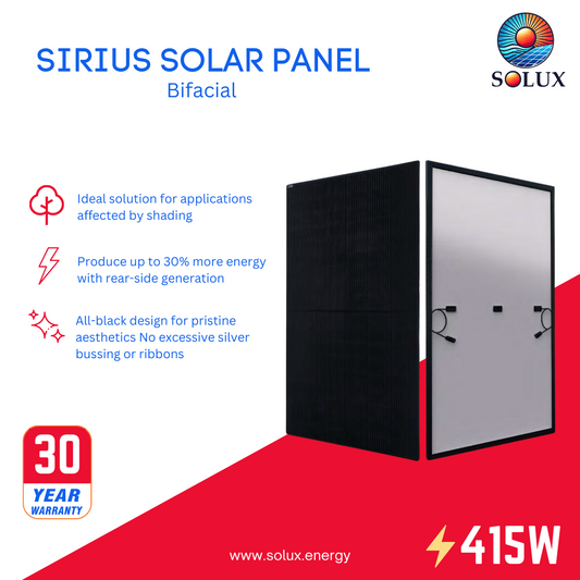 This is an image of Sirius PV 415Watt 108 Half-Cell All Black Bifacial Solar Panels