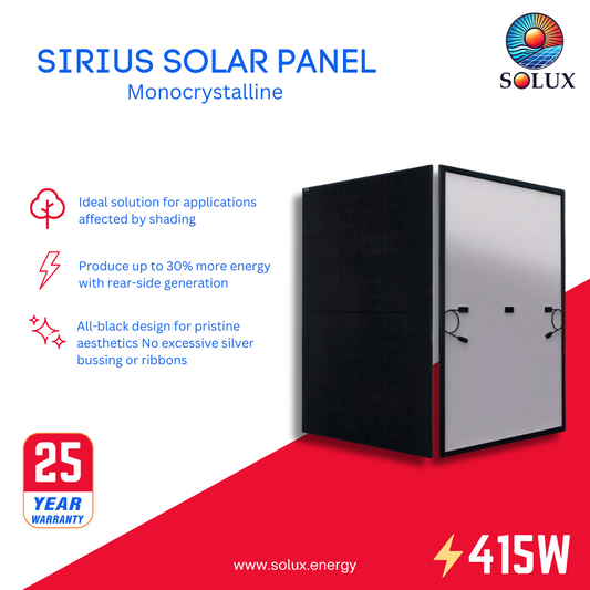 This is an image of Sirius Topcon Solar 415Watt All Black Monocrystalline Solar