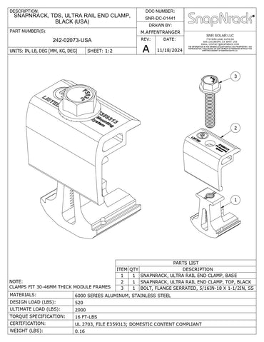 Technical drawing of a Snapnrack Ultra Rail End Clamp with dimensions and specifications.