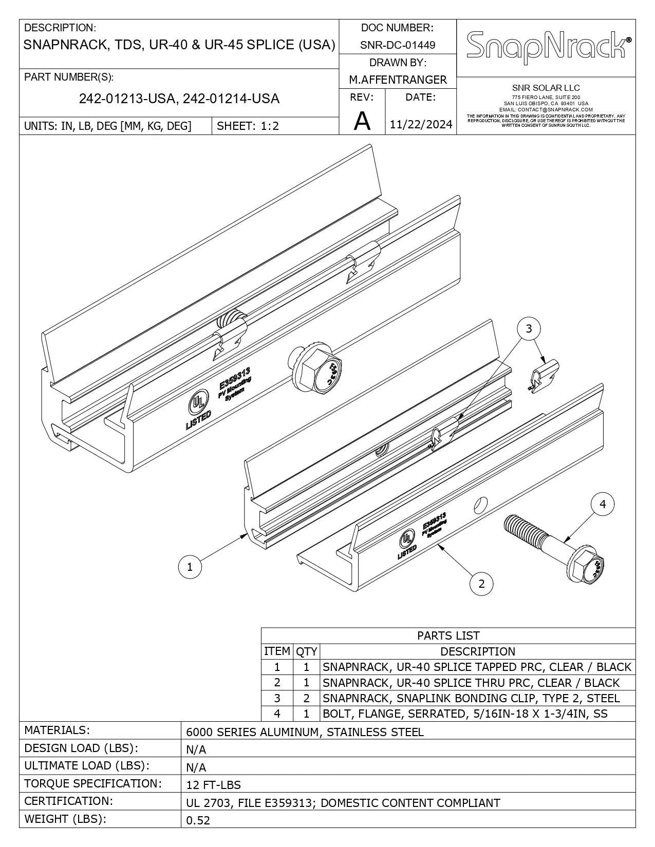 Technical drawing of a SnapNTrack ultra rail splice comp kit with dimensions and specifications.