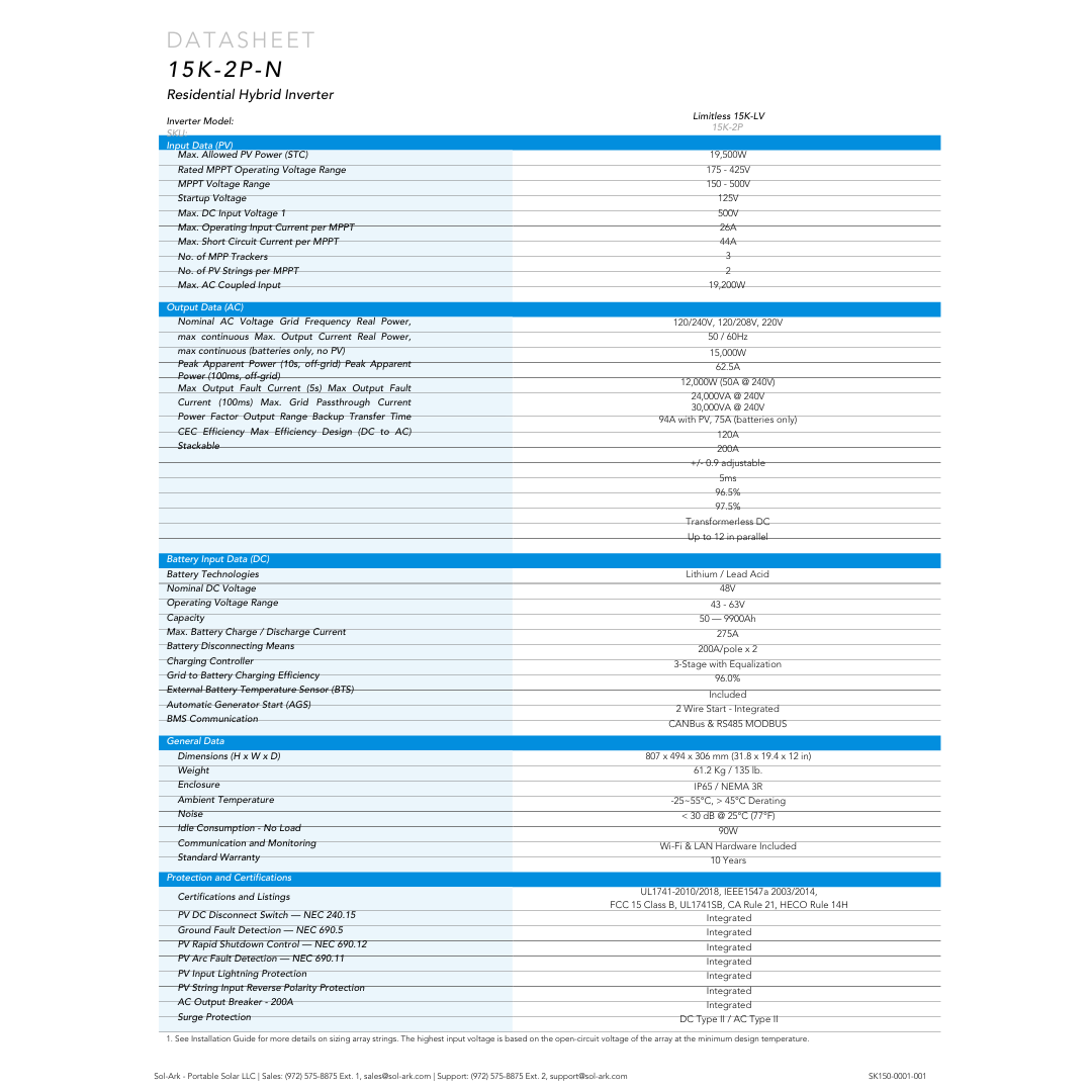 Sol-Ark 15kW Hybrid Inverter (SA-15K-2P-N)