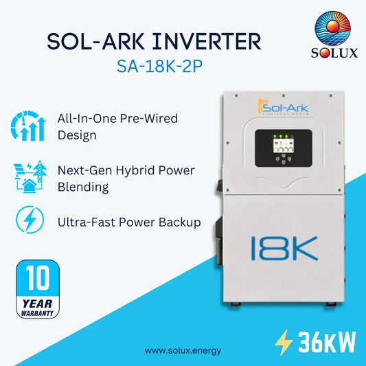 SOL-ARK Inverter SA-18K-2P by Solux, a 36kW all-in-one pre-wired hybrid power unit. The product is white with blue accents and a digital display screen on the front.