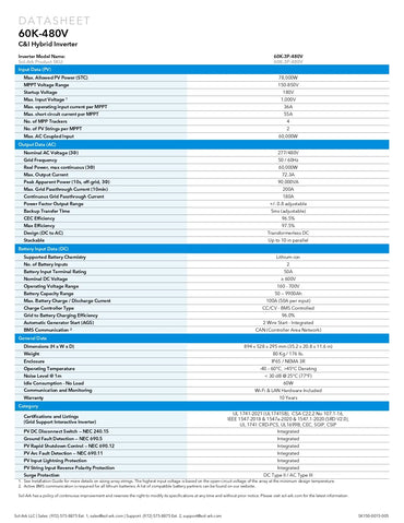 A technical specification sheet for the CSi 60K-480V Hybrid Inverter, showing a detailed table of technical parameters, ratings, and certifications on a white background with blue headers.