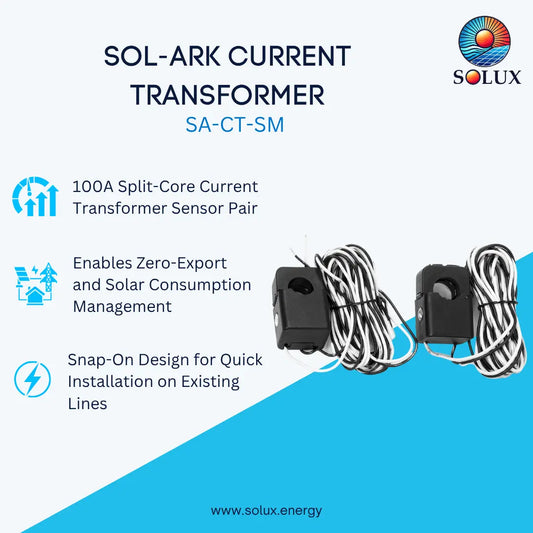 SOL-ARK Current Transformer SA-CT-SM by SOLUX, featuring two black split-core CT sensors with coiled black-and-white wire, shown on a light blue and white graphic background with product features and the SOLUX logo.