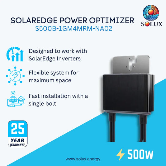 Solaredge Power Optimizer S500B-1GM4MRM-NA02 solar cable adapter with a black and silver housing, shown on a light blue and white background with product features, a 25-year warranty badge, and the Solux brand logo.