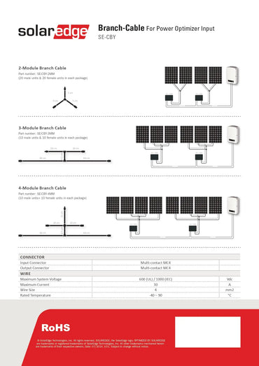 Technical specification sheet for SolarEdge branch-cable optimizers, showing diagrams and specs for 2-, 3-, and 6-module branch cables with a RoHS section at the bottom.