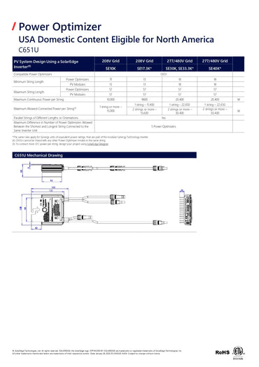 Technical specification sheet and mechanical drawing for the Fy system Power Optimizer C61U, showing compatibility tables for 20V GaId, 20V 36InGaId, 20V 48InGaId, and 20V 60InGaId configurations, along with connection diagrams and a RoHS logo.
