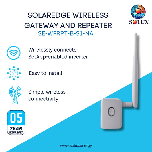 Promotional graphic for the Solaredge Wireless Gateway and Repeater, model SE-WFRPT-B-S1-NA. The image features a white rectangular device with a single antenna on the right, set against a split white and bright blue background with product features and the Solux brand logo.
