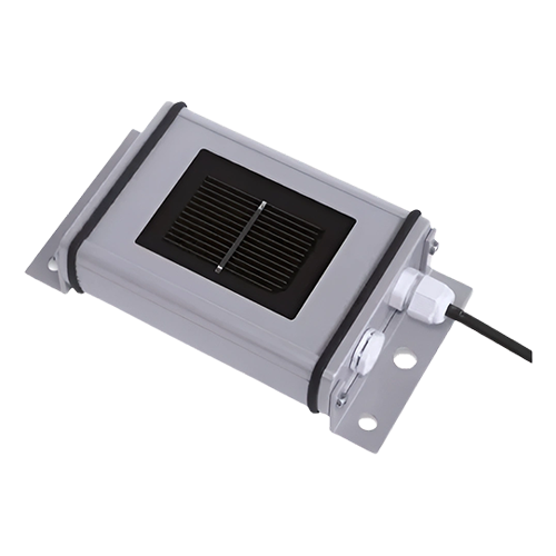 Single product image of solaredge irradiance sensor with a power coated aluminum body, featuring a black vented cover and electrical cable.