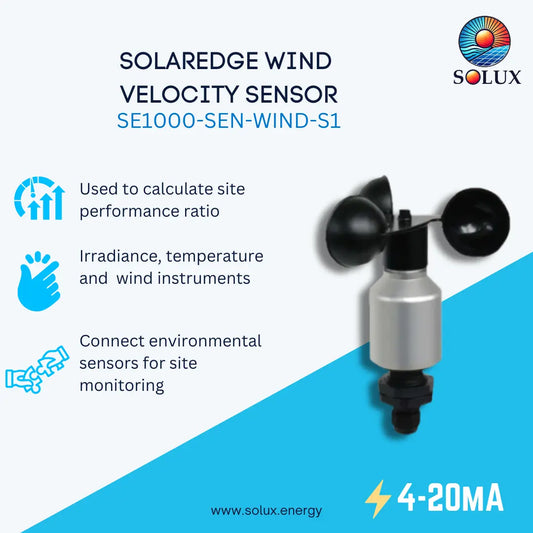 A promotional graphic for the Solux Solaredge Wind Velocity Sensor SE1000-SEN-WIND-S1, showing the wind vane unit on the right and product features listed on the left against a white and blue background.