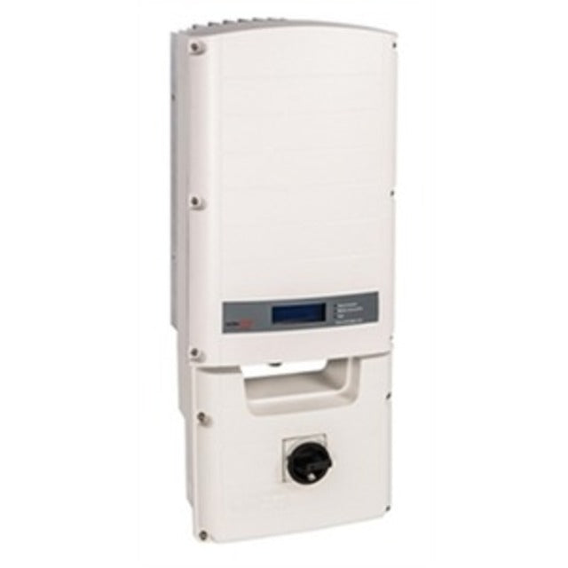 A white solar power inverter unit with a digital display screen and a circular terminal connector on the front, isolated on a white background.