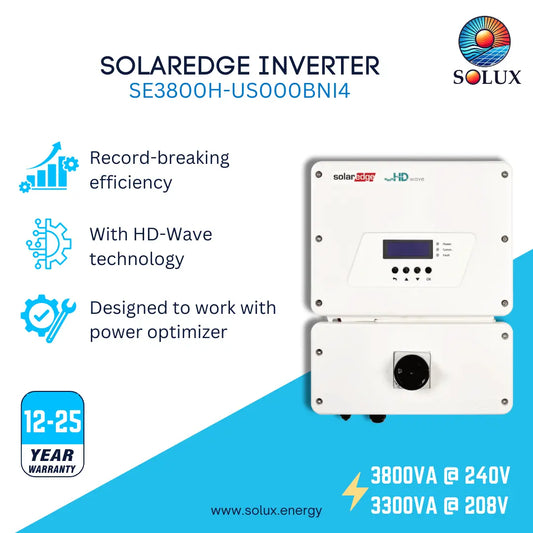 Solux Solaredge Inverter SE3800H-US000BN14 product graphic showing two stacked white inverter units on a white and blue background with feature callouts and ratings.