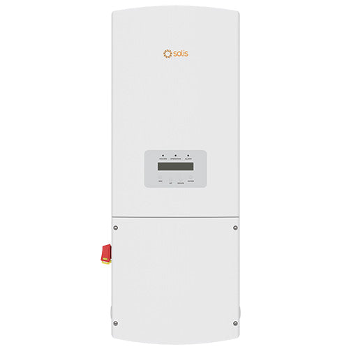 A white Solis solar inverter panel with a small digital display screen and a red terminal connector on the lower left, shown against a plain white background.