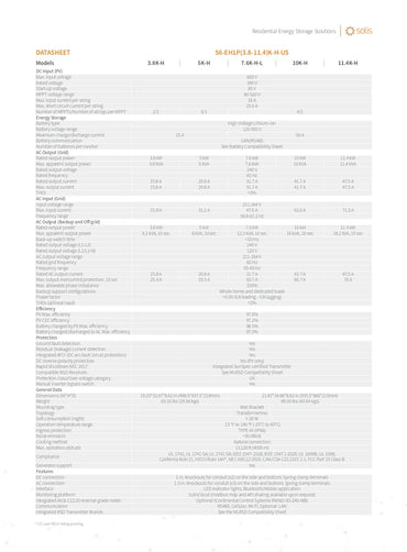 A technical datasheet table for the SOG S6-EHP3-3-11-KV-H-US Residential Energy Storage Solution, showing specifications, ratings, and performance data in a clean, multi-column layout.