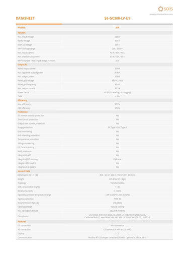 A datasheet table for the Solis S6-GC20K-LV-US power module, showing technical specifications, performance, and features on a white background with a gray header.