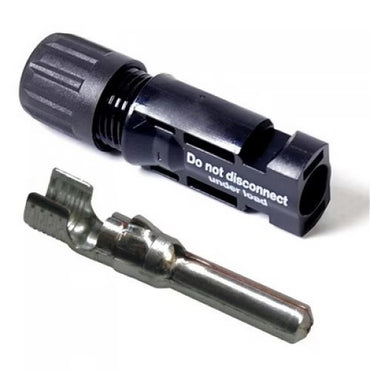 MC4 connector, a black electrical connector with a metal terminal shown on a white background, featuring the text 'Do not disconnect under load'.